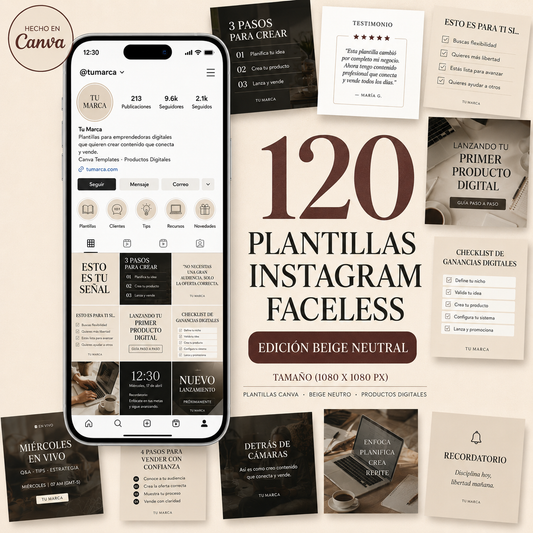 Plantillas de publicación de Instagram sin rostro en beige neutro, kit minimalista de Canva para redes sociales para lanzamiento de productos digitales, plantilla de publicaciones de carrusel de Instagram