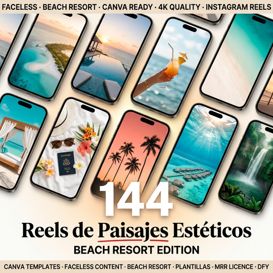 Plantillas de Canva para 144 Reels de Paisajes Estéticos, Reels de Instagram de Resorts en la Playa, Kit de Creación de Contenido de Viajes sin Rostro, Paquete de Videos para Redes Sociales
